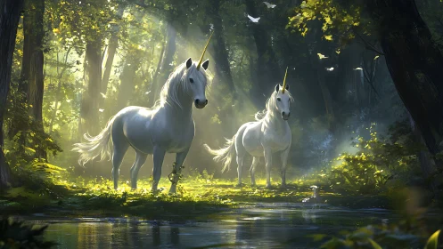 Twin unicorns drifting through a sunlit forest dreamscape.