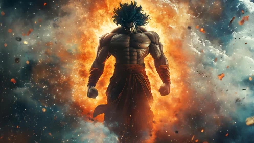 Explosive warrior silhouette emerges through blazing cosmic storm