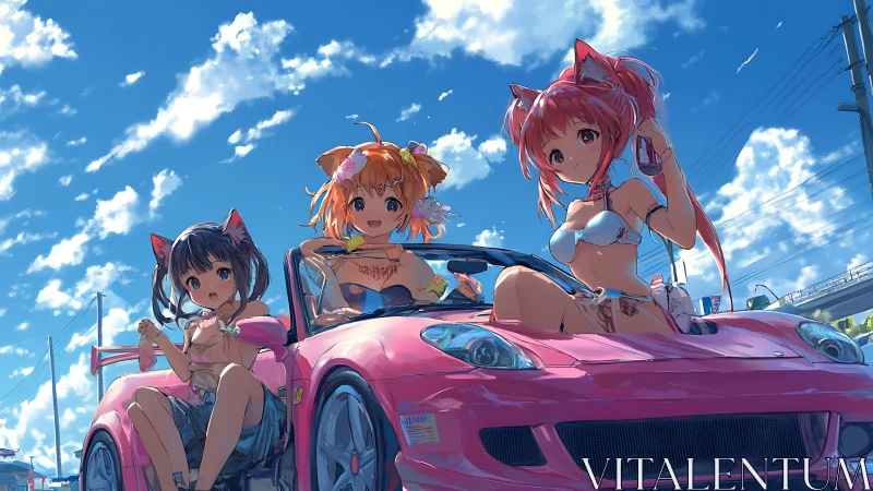 Cat-eared girls relax beside pink sports car under sky