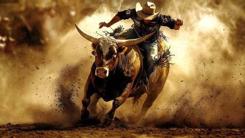 Rodeo bull rider in dust cloud on dirt arena surface.