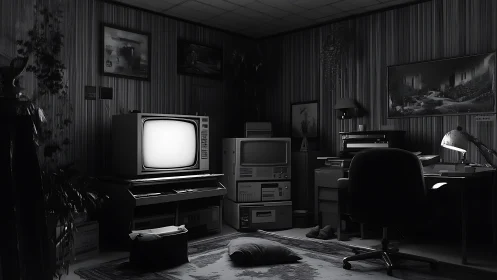 Monochrome retro workstation with CRT glow and cluttered decor.