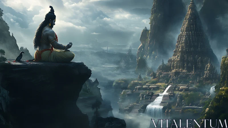 Meditating ascetic overlooking stepped temple city in misty gorge