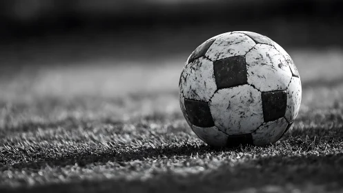 Weathered soccer ball on grass in stark monochrome light.