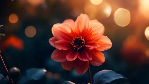 Red Dahlia Blossom with Golden Bokeh Illumination.