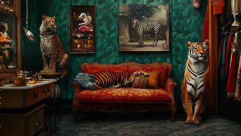 Surreal Interior: Tigers Inhabit Opulent Room with Teal Wallpaper