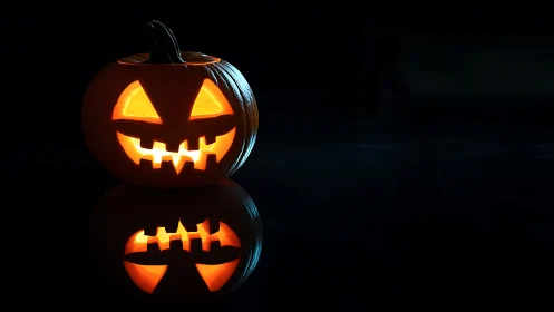 Glowing jack o lantern casting cozy light in the dark.