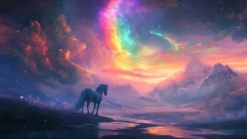 White horse watches aurora curling over glowing ice valley