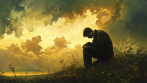 Lonely man on hillside under dramatic golden storm clouds.