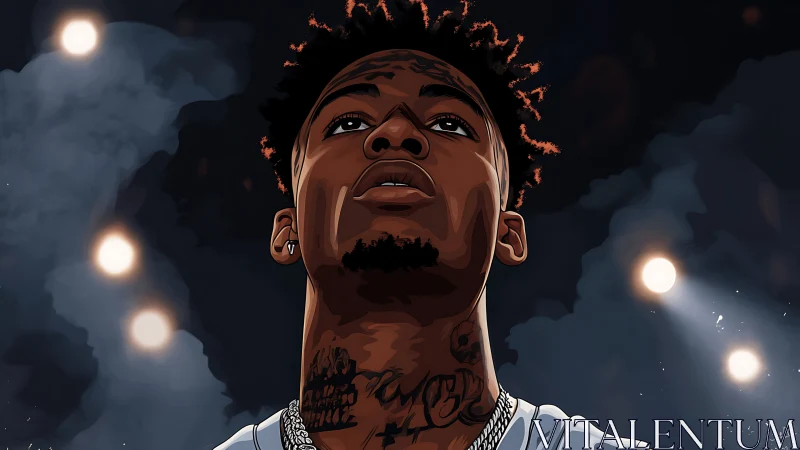 Tattooed performer under stadium lights, bold vector portrait.