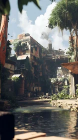 Overgrown postindustrial canal alley with decayed housing block