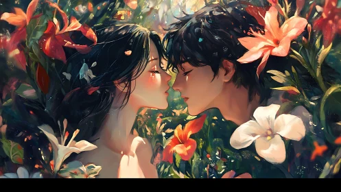 Two Figures in Romantic Floral Garden: Digital Painting.