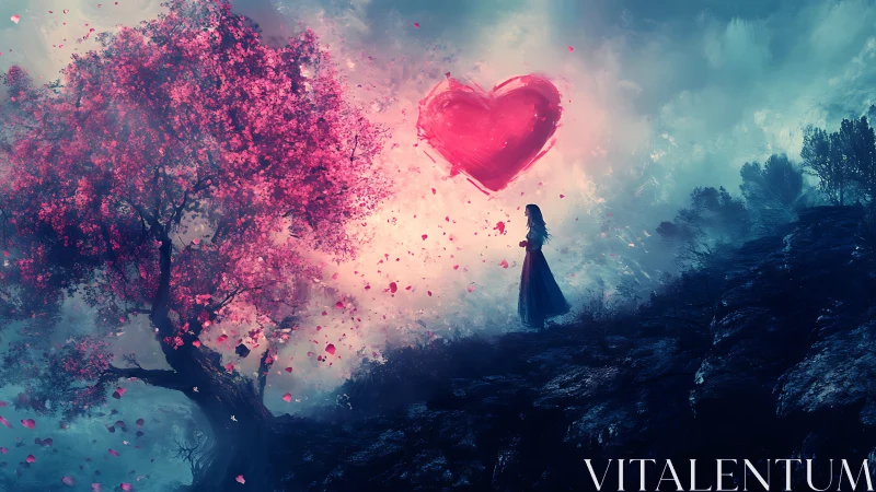 Solitary Figure Gazes Upon Luminous Heart in Enchanted Cherry Blossom Realm.