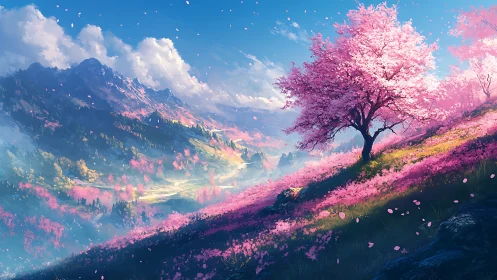 Digital landscape shows sloped meadow with pink-blossom tree