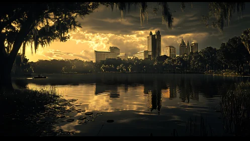 Sunset skyline over reflective lake with silhouetted cypress trees