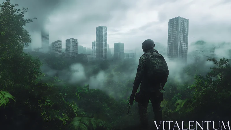 Solitary soldier surveying misty jungle cityscape ruins.