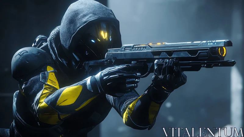 Cyberpunk marksman in tactical aim with luminous armor plating.