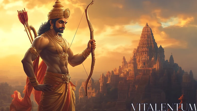 Warrior archer gazes over ancient temple city at dawn.