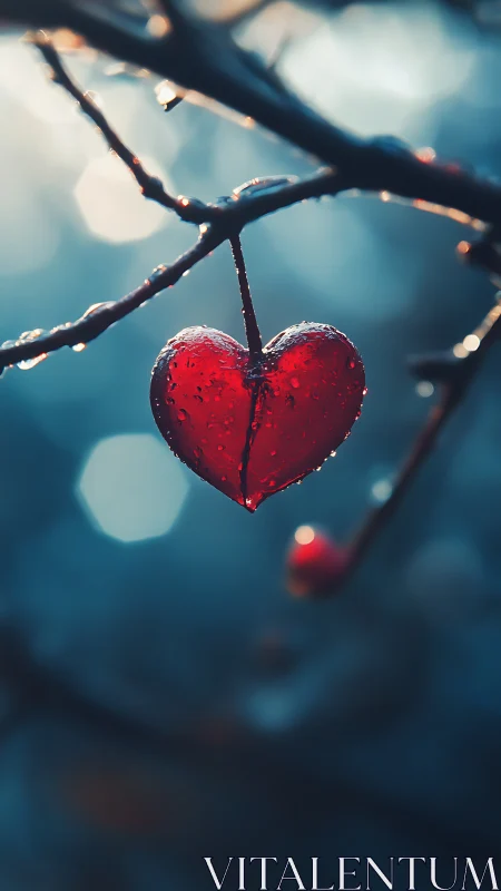 A Crimson Heart Glistens Among Winter's Gentle Embrace.