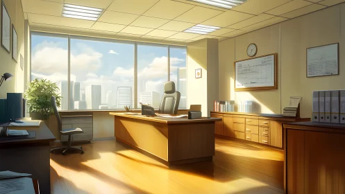 Sunlit executive office interior with panoramic urban skyline.
