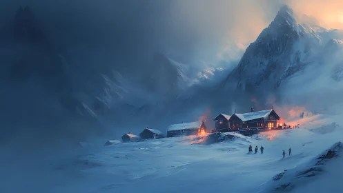 Mountain refuge cabins glow against stormy alpine dusk