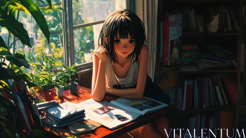 Girl studies by sunlit window in dense book-filled room