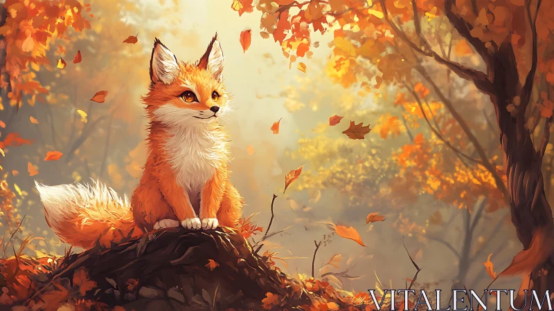 Autumn fox watches swirling leaves in a golden forest scene.