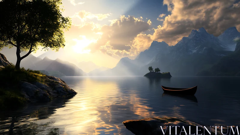 Sunlit mountain cove cradling a lone wooden boat in hush.