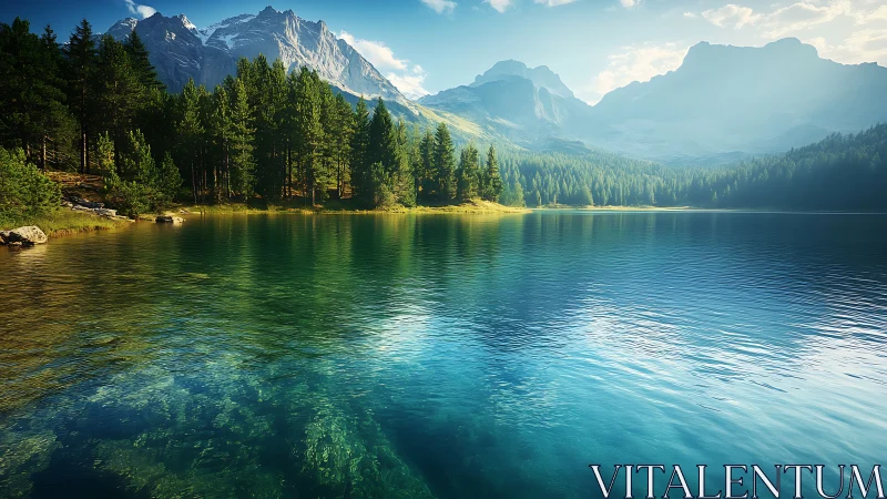 Spectral alpine lake with refractive clarity and sunlit conifers.