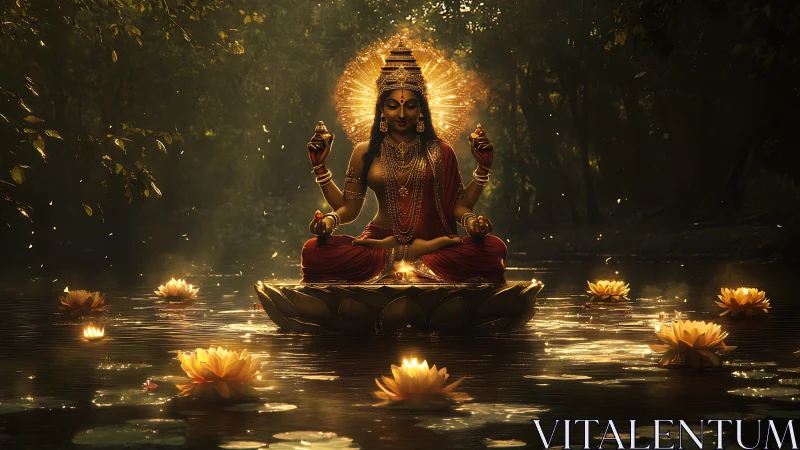 Golden river goddess crowns dusk with lotuslight serenity