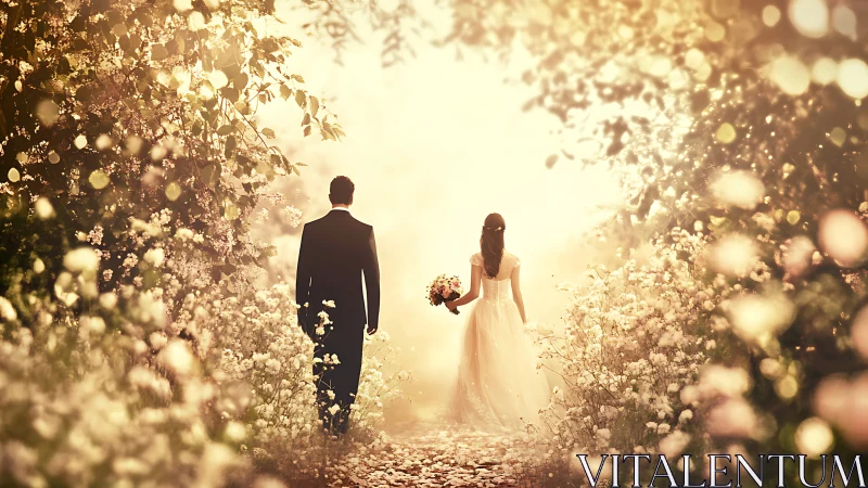 Radiant garden newlyweds strolling into golden daydream.