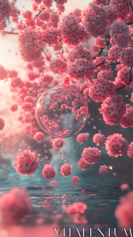 Floating glass sphere among clustered pink blossoms.