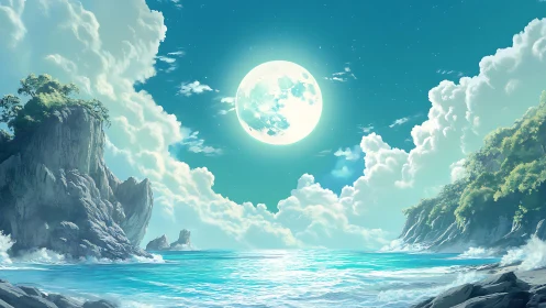 Luminous full moon above quiet coastal cliffs and sea.