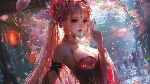 Blossom-clad anime maiden in luminous spring street scene.