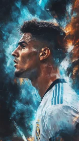 Blazing football titan framed in stormy blue fire halo.