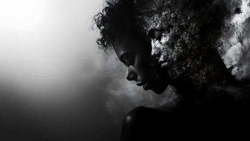 Dual portrait dissolves into smoke and fractured texture.