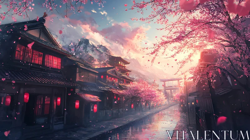 Cherry blossoms drift above lantern-lit riverside street at dusk