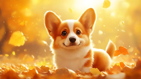 Warm backlit corgi puppy in golden autumn foliage bokeh field