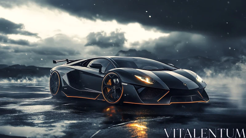 Low-angle view shows black sports car on wet reflective surface