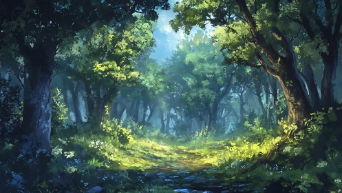 Luminescent forest corridor with atmospheric light diffusion through canopy layers