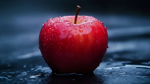 Red apple macro study with dewy surface on dark backdrop.