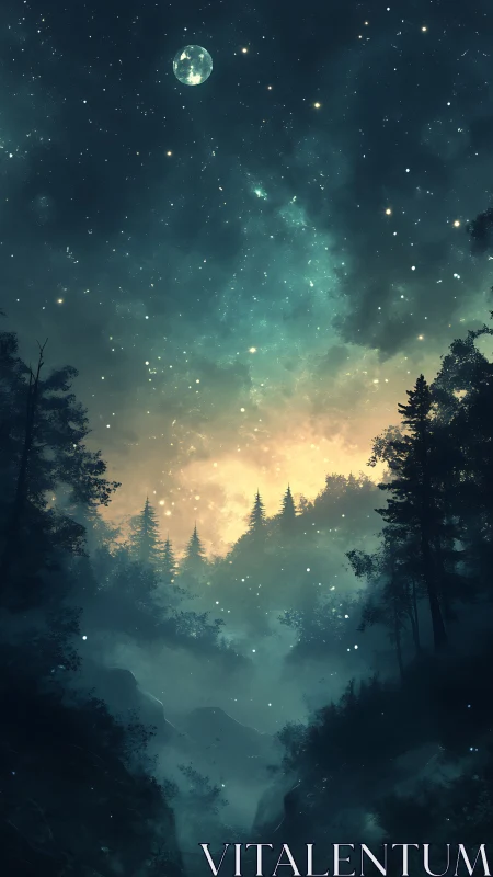 Moonlit forest valley glows beneath a star-drenched sky