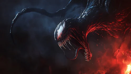 Sinister symbiote lunges through fire with fierce intensity.