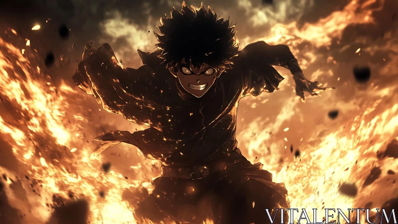 Intense anime warrior charging through roaring flames.