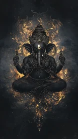 Midnight Ganesha ascending through molten ember halos.