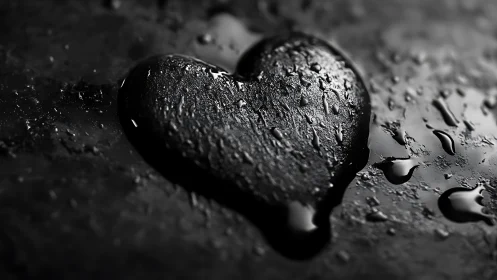Water Droplet Heart Formed Against Dark, Textured Surface