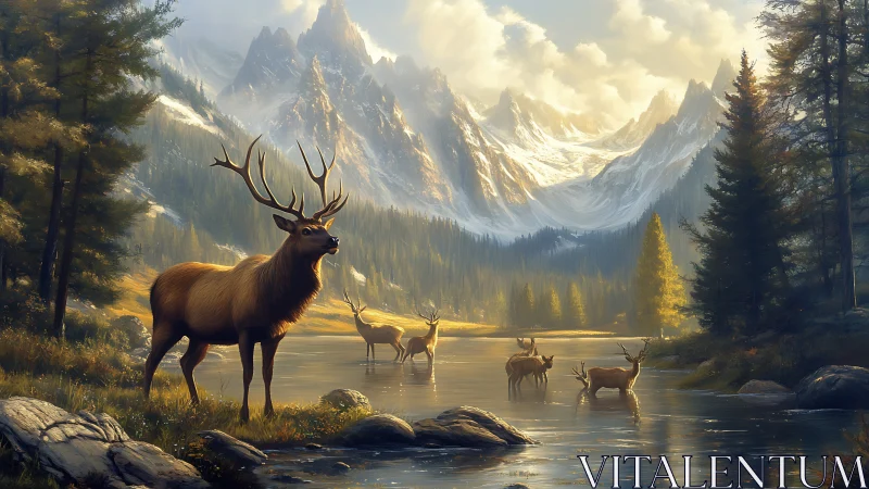 Majestic elk herd beneath sunlit alpine peaks at dawn.