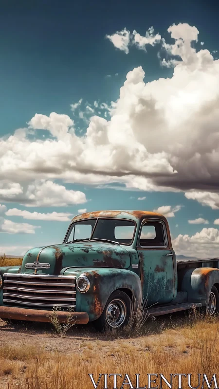 Weathered turquoise pickup truck in open rural field.