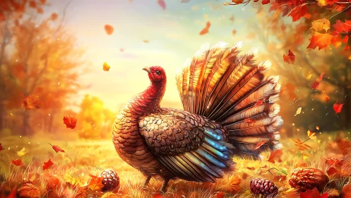 Autumnal galliform display under backlit deciduous canopy.