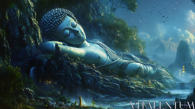 Colossal reclining Buddha monolith integrated into misted gorge.