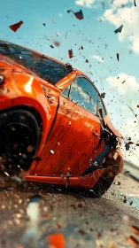 Orange sports car collides and sends debris flying outward